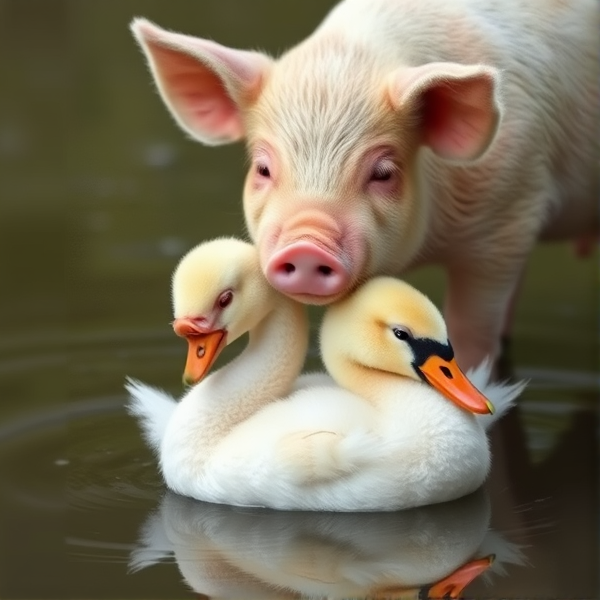 A cute pig cuddling a baby swan