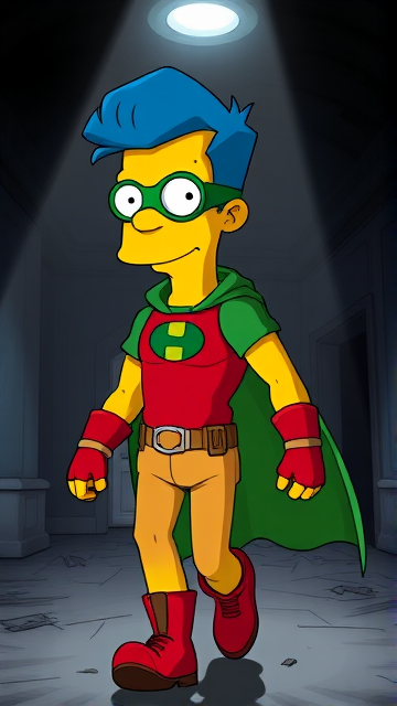 Milhouse Van Houten from The Simpsons, with his yellow skin, really big round nose, and blue hair that's slicked back and curled up at the top, but as an 18-year old teenager, dressed as a parody of Robin, The Boy Wonder, with an extremely muscular torso and arms, a green bodysuit with a red torso adorned with a green H symbol on his chest, a grey utility belt, red boots, red long-cuffed gloves, a big green cape, and a green eye mask with optical lenses in it, now known as Houseboy, The Nerd Wonder, the other half of Springfield's Dynamic Duo, and one of the greatest vigilante superheroes ever known in Springfield. He is currently walking through an abandoned house at night, looking for clues to the mystery he is trying to solve. (EXACTLY AS I DESCRIBED.)