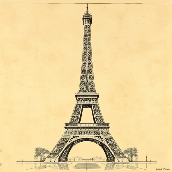 Schéma de la tour Eiffel façon Leonardo Da Vinci, parchemin, encre de chine