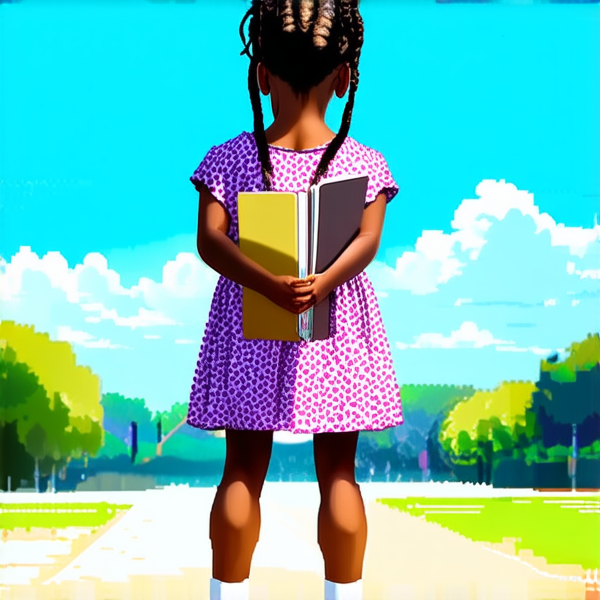 petite fille noire de 8ans en robe avec des tresses africaines tenant un cahier devant une ecole