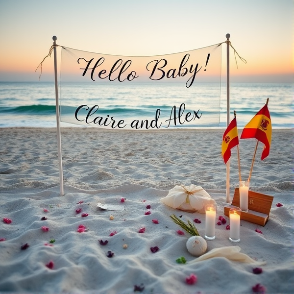 Refined elegant outdoor baby shower set on a serene beach with the soft glow of sunset. The scene is adorned with delicate baby-themed decorations scattered gracefully across the sandy floor. An artful banner catches the gentle sea breeze, elegantly inscribed with "Hello Baby! Congratulations Claire and Alex" in sophisticated cursive font, prominently displayed at the top of the composition. The tranquil ocean and sky provide a picturesque backdrop. Nestled subtly into the decor, a small Argentine flag graces the right while an equally small Spanish flag adorns the left, symbolizing a union of cultures. The setting is intimate and personal, free from furniture or any large structures that would impose on its simplicity and charm.