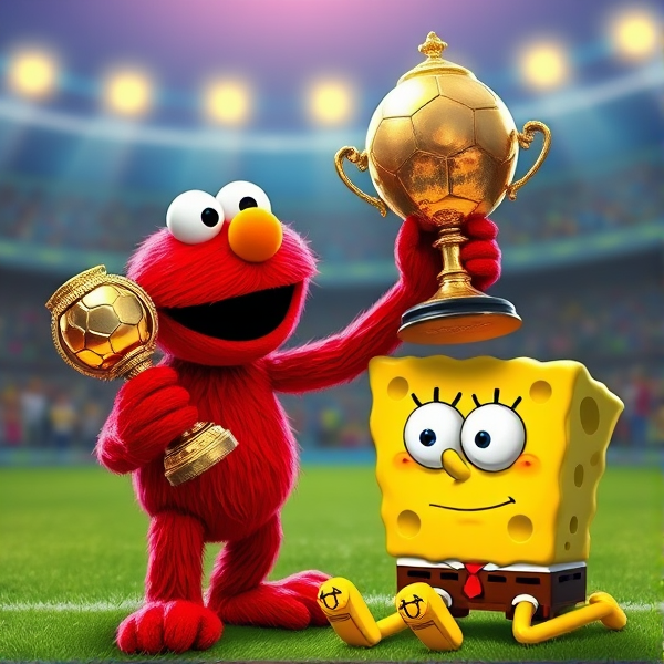 Elmo holding soccer trophy with SpongeBob on his knees in defeat