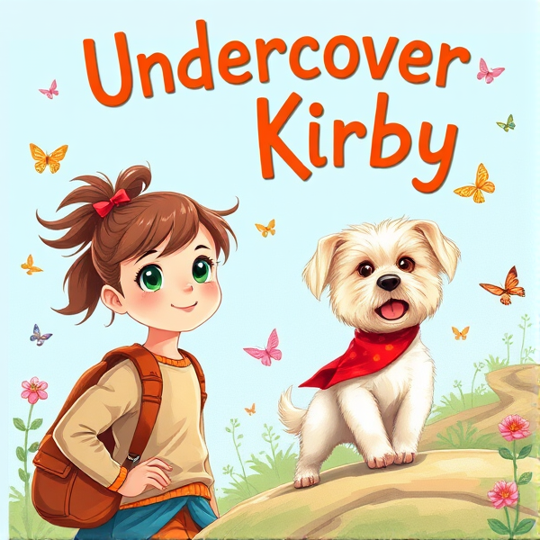 Bright and whimsical book cover design featuring a 10 year old with brown ponytail with red ribbon and small round green eyes as the protagonist on an adventurous journey, bursting with vivid colors and elements that appeal to 10-year-old girls such as butterflies and pretty birds, and friendly cream long haired small maltese terrier dog with long hanging ears and red bandana around neck looking happily at protagonist.. The artwork should capture the essence of a childlike wonder and the excitement of exploration, ideally incorporating symbols of adventure like compasses, binoculars, or hidden paths. The typography should be bold and inviting, resonating with young readers' imagination and sense of fun. The title is: Undercover Kirby. The style should realistic hand drawn illustration