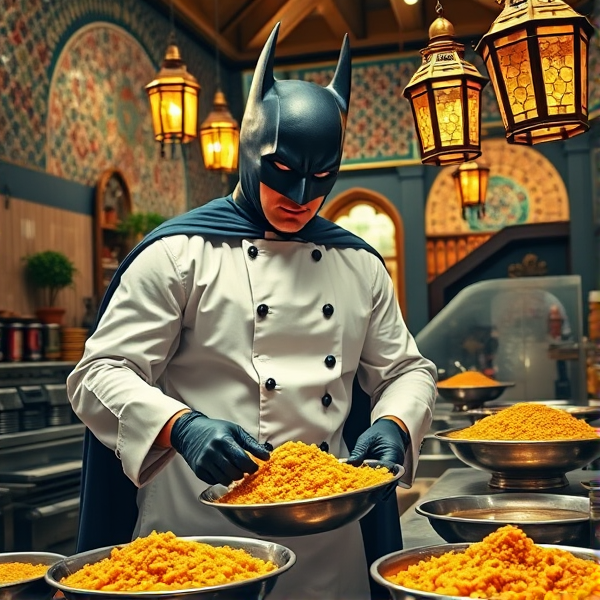 Batman clad in a traditional Moroccan chef outfit, skillfully preparing couscous in a bustling Marrakech restaurant kitchen, adorned with vibrant mosaic tiles and brass lanterns