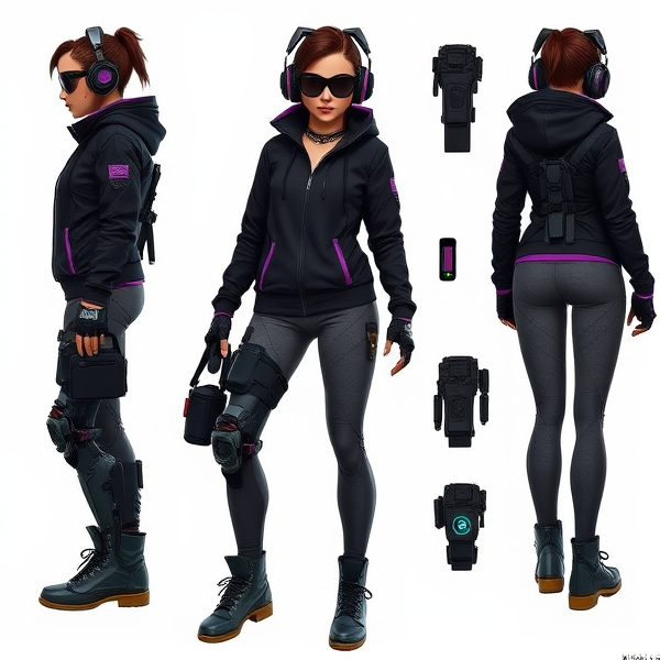 Molly’s gear is a fusion of futuristic technology and urban street fashion, perfectly tailored for her role as a stealth operative. Her headgear includes a sleek matte-black headset with Inner Ear Monitors (IEMs) and an Augmented Reality (AR) monocle that displays critical data and offers thermal and night vision capabilities. Her form-fitting jacket, black with purple and silver accents, is lightweight yet durable, featuring hidden compartments and sensors that monitor her vitals and surroundings.

Her lower body is equipped for both protection and enhanced mobility. She wears grey yoga pants reinforced with nanofiber weaves, paired with a high-tech brace on her left leg. This brace supports her movements with mini-servos and sensors, allowing for greater agility and balance. Molly’s boots are sturdy, flexible, and equipped with noise-cancelling technology, ensuring she can move silently across any terrain. 

Molly’s accessories and arm gear further enhance her capabilities. She sports multi-functional gloves with haptic feedback and a pair of wrist-mounted devices that serve as control panels and defensive tools. Her utility belt and choker are both functional and stylish, with the belt holding essential tools and gadgets, while the choker serves as a communication device. Molly’s overall look blends style, technology, and practicality, enabling her to execute missions with precision and flair.