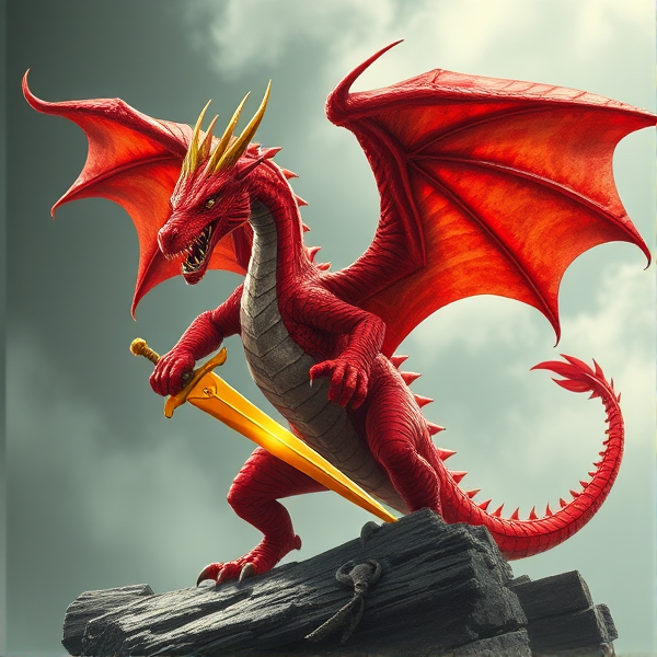 Red Dragon wielding a gold sword