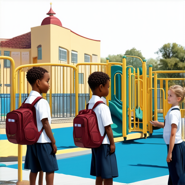bâtiment d'une école primaire traditionnelle avec cours de récréation, enfants noirs africains en uniforme scolaire chemise blanche et pantalons bleu marine avec des cartables