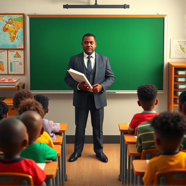 Directeur d'école afro-américain debout tenant un classeur dans ses mains portant un costume formel, dans une salle de classe avec un tableau vert, s'adressant  à un groupe d'élèves afro-américaines attentives de huit ans assises à leurs pupitres. Ils sont entourés de matériel pédagogique adapté à leur âge, comme des cartes géographiques, des affiches éducatives et des dessins d'enfants accrochés aux murs. La scène dégage une atmosphère chaleureuse et encourageante.