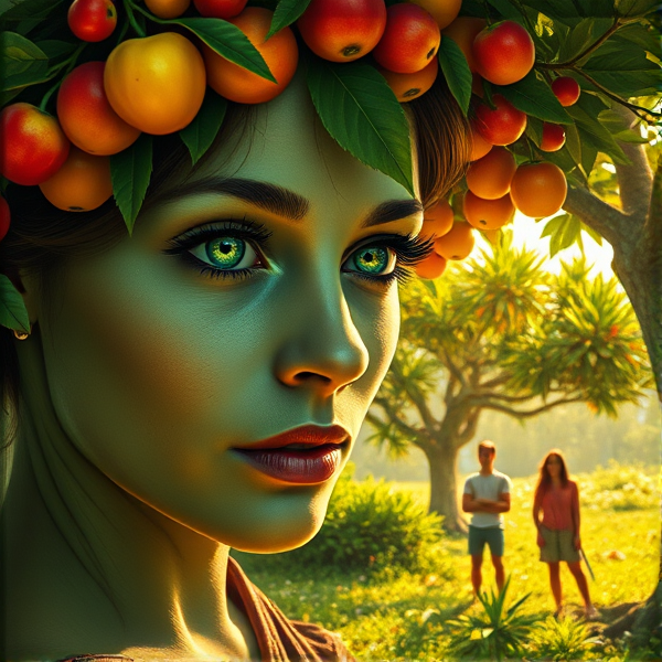 Portrait ultra-détaillé et photoréaliste d'une femme à la peau verte émeraude, aux yeux brillants d'un vert intense reflétant un sentiment de jalousie profonde. Ses iris sont comme deux gemmes capturant la scène devant elle, où un groupe d'amis joyeux rit à gorge déployée, savourant des moments de pur bonheur sous les branches généreuses d'un arbre ancien, dont les fruits diversifiés pendent lourdement avec des couleurs vives et variées - du rouge cerise au jaune doré en passant par des oranges flamboyants. Chaque fruit semble être peint avec une précision méticuleuse, presque tangible. L'éclairage solaire traverse le feuillage touffu de l'arbre, créant un réseau complexe d'ombres et de lumière qui danse sur le visage pensif de la femme et souligne la texture vivante et richement nuancée de sa peau.
La clairière est baignée dans une lumière dorée qui enveloppe délicatement chaque élément du paysage bucolique, mettant en relief la verdure luxuriante environnante et illuminant les expressions euphoriques des amis insouciants. Le contraste saisissant entre leur joie ouverte et le regard sombre mais captivant de la femme est encore renforcé par une palette de couleurs vibrantes où dominent les verts saturés. La perspective plongeante crée une distance perceptible entre la femme et le groupe, accentuant son isolement émotionnel alors qu'elle observe depuis sa solitude choisie.
Le style rappelle celui du Caravaggio dans sa manière d'utiliser le clair-obscur pour dramatiser la scène, faisant ressortir chaque pli du tissu porté par les personnages, chaque texture différente du sol forestier sur lequel ils se tiennent joyeusement, ainsi que chaque détail ciselé des expressions faciales. La tension dramatique est amplifiée non seulement par cette technique mais aussi par l'intensité émotionnelle qui se dégage de chaque regard, position corporelle et interaction implicite visible dans cette composition riche en histoires cachées.
La scène entière est encadrée par des effets naturels spectaculaires : les rayons du soleil filtrent à travers l'épaisse canopée tandis que quelques feuilles éparses tombent doucement vers le sol fertile, ajoutant un mouvement subtil au tableau figé dans le temps.