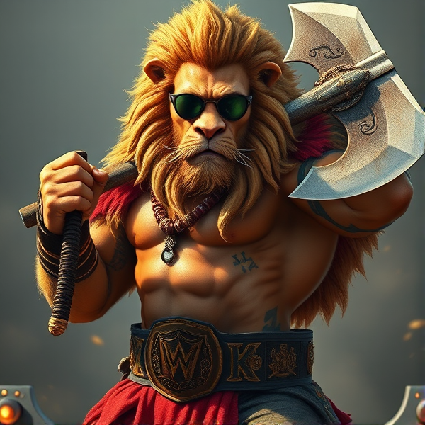 Un Lion barbare dieux du soleil une hache comme Léo escanor, avec des poils de lion et une carrure imposante et avec la ceinture de la wwe le catcheur et ces lunettes de soleil, il a un tatoo sur le bras avec le logo LA KNIGHT