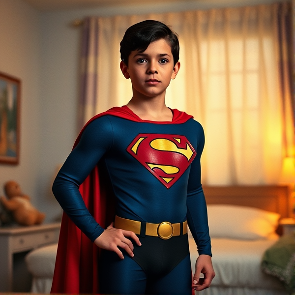 1990's Cinematic Movie Scene: Jon Kent, AKA Superboy, the young little 12-year old super son of Superman, and the first kid to be born as the world's first Half-Kryptonian child. Despite being a kid, he has all of his father's powers, with an extremely muscular body, the iconic costume, the singular curled bang sticking out at the front of his flat and smooth black hair, and a long cape. He is currently standing in his bedroom, ready for action.