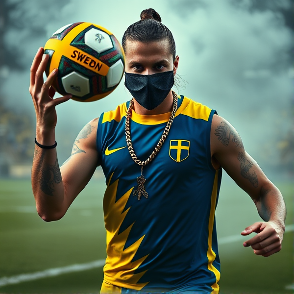 Zlatan Ibrahimovic en action agressive sur un terrain de football, portant un masque de ski intimidant et une chaîne en or épaisse avec un anneau imposant, entouré d'une fumée mystérieuse s'échappant en arrière-plan créant une atmosphère dramatique. Il jongle avec un ballon de football personnalisé aux couleurs de la Suède, numéro 10 visible, tout en portant un gilet soccer bleu et jaune vibrant aux couleurs de l'équipe nationale suédoise, reflétant sa fierté nationale. L'accent est mis sur sa posture dominante et son regard fixe qui transmettent son esprit compétitif.tatoo sur les bras