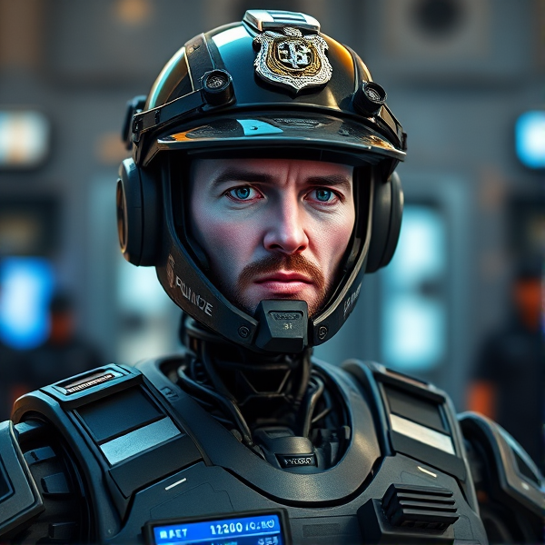 Picture of a computer game military police robot with a screen and face on it, of an english cockney man