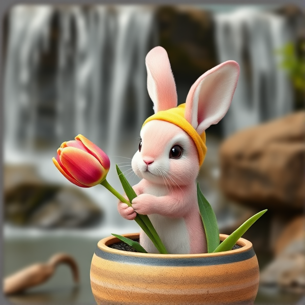A cute mini pink rabbit with sagging  ears and a yellow tulip hat holding a tulip in a round Jupiter looking pot in front of a water fall in realism