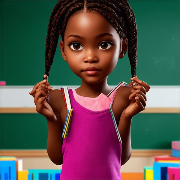A 10-year-old African girl with intricate braided hair, standing confidently in a vibrant classroom environment, holding notebooks in her hands while facing a chalkboard filled with educational content