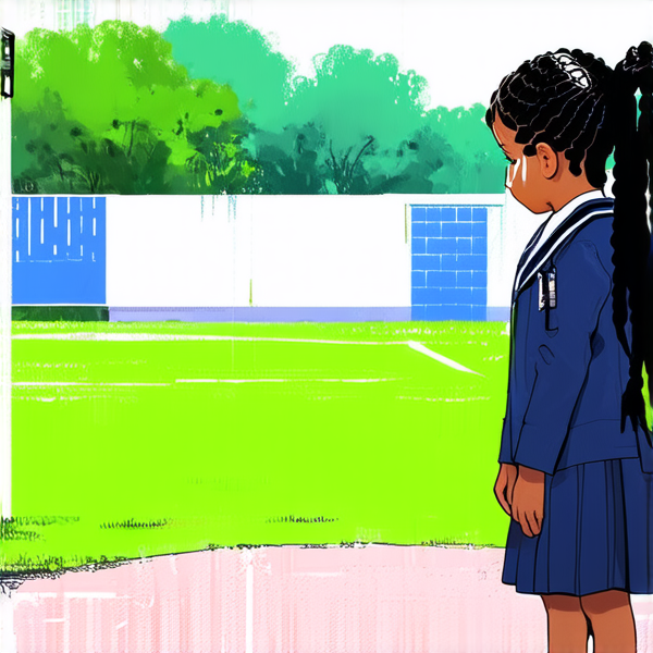 deux jeunes filles de huit ans portant des tresses africaines noires et des uniformes scolaires se tenant face à face dans une cour d'école, les yeux humides de larmes et l'air bouleversé alors qu'elles sont en pleine dispute