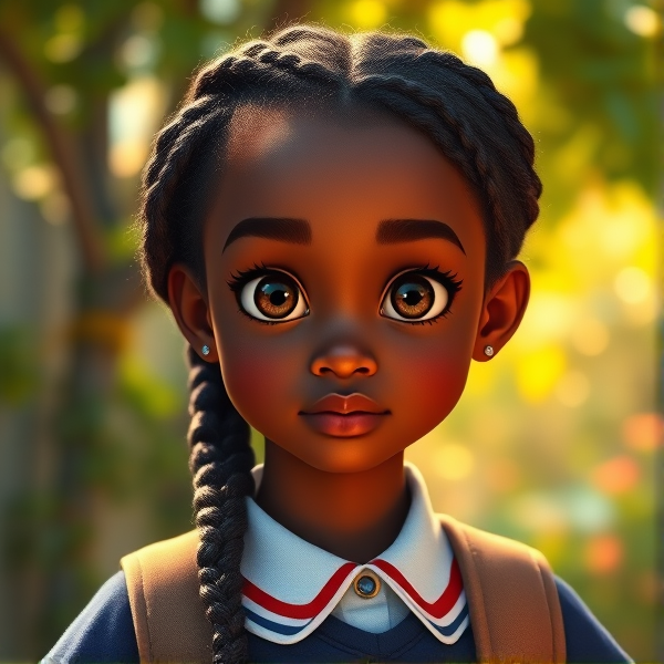 Jeune fille africaine de douze ans avec des tresses traditionnelles, vêtue d'un uniforme scolaire rentrant à la maison