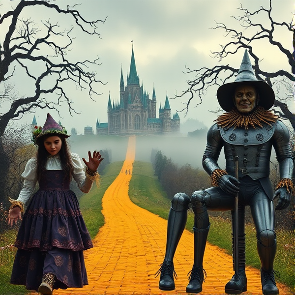 Envision a reinterpretation of the classic 1939 film 'The Wizard of Oz' as though it had been transformed for a 1980s-style dark fantasy genre. Imagine the iconic Yellow Brick Road now winds through a more foreboding, mystical landscape, shrouded in mist and lined by twisted trees with haunting silhouettes. The Emerald City looms in the distance, its spires casting sharp reflections under an overcast sky, exuding an aura of ominous power rather than whimsy. Characters like Dorothy are envisioned with an edge of melancholy resilience; her once-bright dress is now faded and weathered from her perilous journey. The Scarecrow is more sinister, with patchwork that seems to writhe with life and eyes that hold a deep wisdom or perhaps a dark secret. Tin Man has a gothic industrial look, his metal body etched with intricate runes and emitting steam, his heart clock visibly ticking behind a glass pane. Cowardly Lion's mane is wilder and his stature more imposing, yet his eyes betray a lingering fear. All characters have elaborate costumes that blend traditional elements with new gothic influences - think leather, buckles, and tarnished metal combined with the fantastical designs of their original forms. Muted color palettes dominate the scene - deep purples, somber greens, and rusty oranges - accented by dramatic shadows that carve out the forms in this twisted vision of Oz