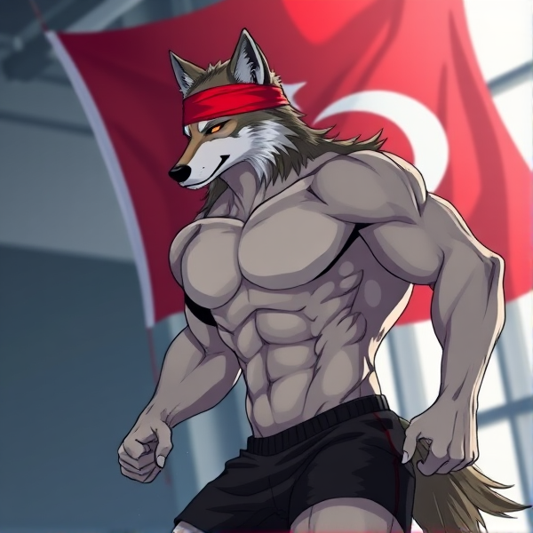 Loup musclé, portant un bandeau sportif sur la tête, avec le drapeau de la Turquie clairement visible en arrière-plan, drapé parfaitement et flottant majestueusement dans l'air, ambiance de salle de gym moderne et avec un short noir