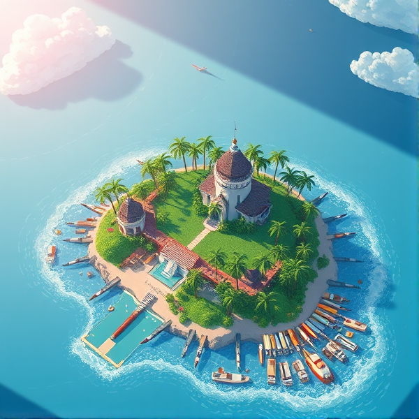 Pen isle with a variety of writing pens arranged to form the shape of an idyllic tropical isle