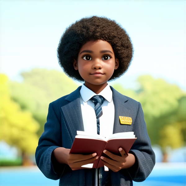 ecoliere agée de 6ans noire avec des cheveux afro tenant un cahier dans ses mains