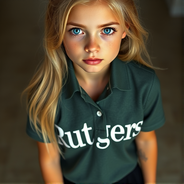 Realistic portrait of a youthful blonde teenage girl with large blue eyes and a scattering of faint freckles, posed frontally. The subject is wearing a dark green-gray polo shirt with distinct white lettering spelling "Rutgers" across the chest, paired with a black mini skirt. Aim to depict the nuances of smooth, young skin and refined facial features