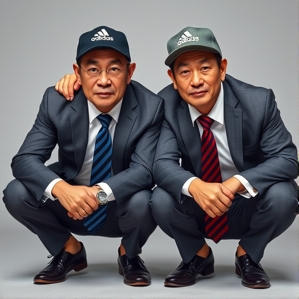 Deux  différents hommes d'affaires japonais puissants mature  accroupis et faché  portant des casquettes Adidas  et des cravates rayées longues  bleue rouge et oreillettes Apple 
Ils sont complices et conquérants , ils dominent 
 , accroupis pas trop et regard fort
Ils sont hypnotisant du regard , amis, complice , envoûtant , charismatique 
Ils se tiennent par les épaules , il fixent l objectif de la caméra
