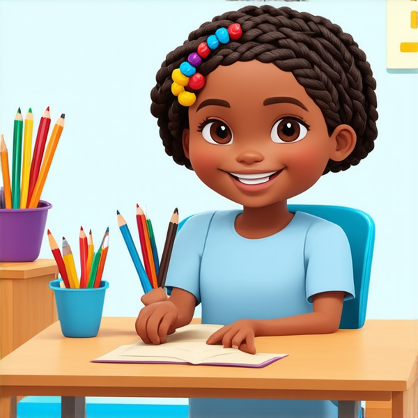 Jeune fille africaine de 8 ans vêtue d'une robe bleu ciel, coiffée de tresses africaines complexes avec des perles colorées, affichant un large sourire éclatant, assise sur une chaise d'écolier face à un bureau en bois clair, dans une salle de classe ensoleillée et bien éclairée, avec des fournitures scolaires et des dessins d'enfants visibles en arrière-plan