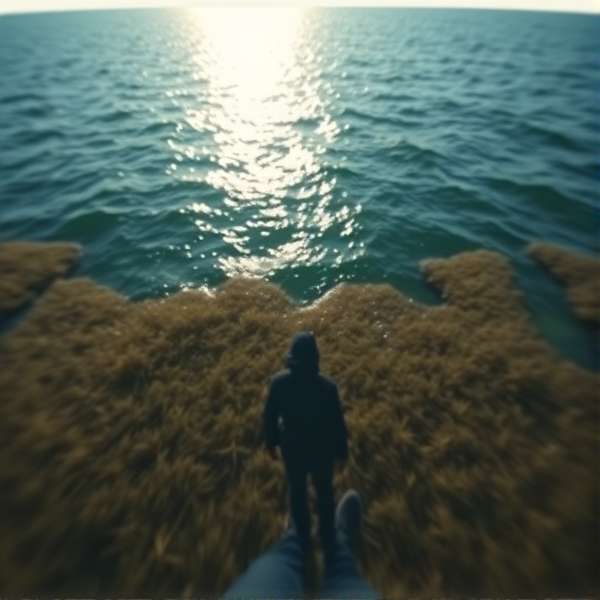 Make a first person perspective of someone standing on a marsh in the ocean with a blurry shadow rising to the water
