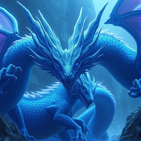 Cinematic blue purple white dragons in a dramatic scene