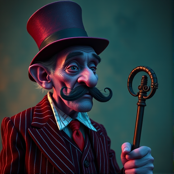 A dreamy elder man figure with purple skin, a dark squiggly mustache and a striped red velvet suit with a cane and a a top hat to match his suit and he’s tall and skinny