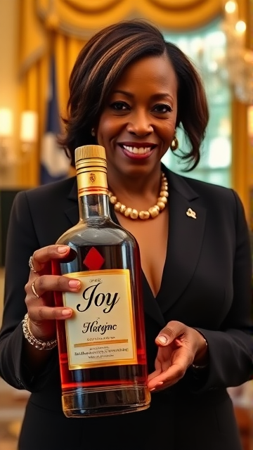 Kamala Harris holding a bottle of "Joy" cognac in the oval office.