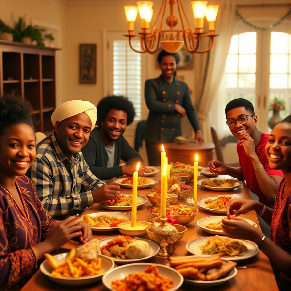repas chaleureux d'une grande famille afro-américaine réunie autour d'une table festive, sourires et complicité, cuisine traditionnelle, intérieur accueillant