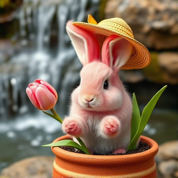 A cute mini pink fluffy hare with fluffy sagging  ears in a jupiter pot with soil and A Sunshine hat holding a tulip in front of a water fall in realism
