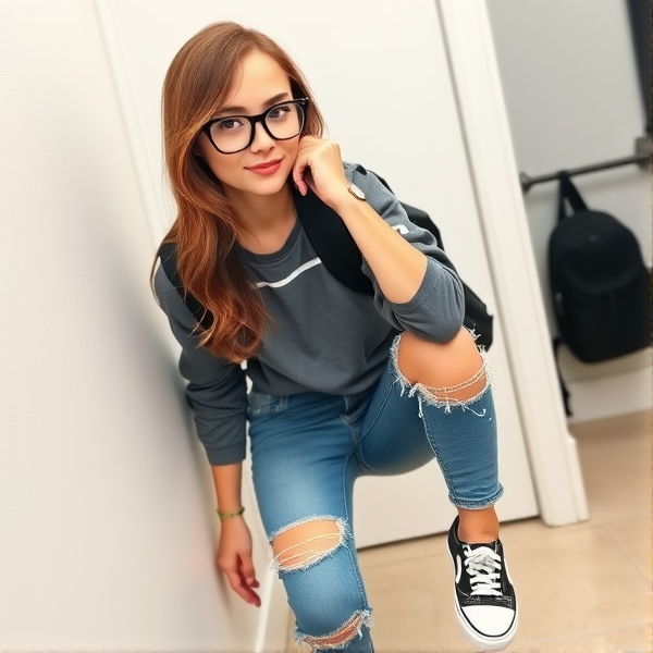 Teenage girl with brown hair and black glasses getting ready for school. Wearing a cute sporty outfit with ripped jeans and vans.