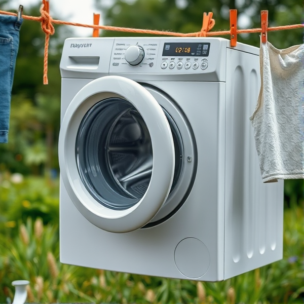 Machine a laver le linge suspendu a une corde à linge