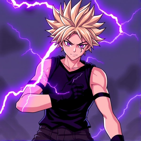 My hero academia oc. Blonde spikey jagged hair. Evil. Villain. 15. Purple electric quirk. Villain costume. Sleeveless. Scars on arm. Straps on arms. Purple eyes. Tight fighting. Tactical like .