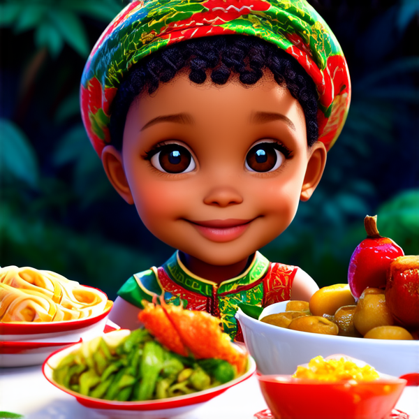 repas en famille traditionnel en extérieur avec des plats africains, sourires, habits colorés, nature environnante