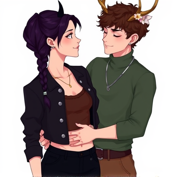 A woman with fair skin and dark dark purple hair braided into a single braid. She has short small black horns that barely poke out past her hair. She has a gold necklace. She wears a cropped black jacket with silver buttons, a brown crop top underneath, and high waist black pants. There is also a pale skinned man, taller than her, with short brown very curly hair. He has deer antlers with flowers on then and a deer nose. He has a silver necklace. He wears a green turtleneck and brown pants. They are in love, he's holding her close and they are smiling