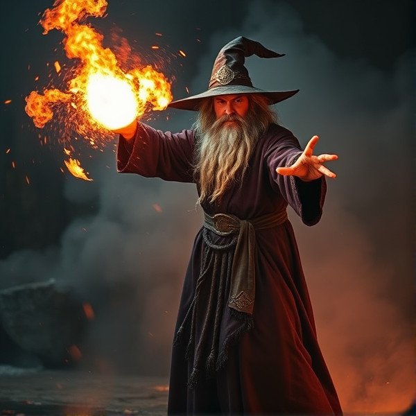 Wizard casting a fireball spell with a large explosion