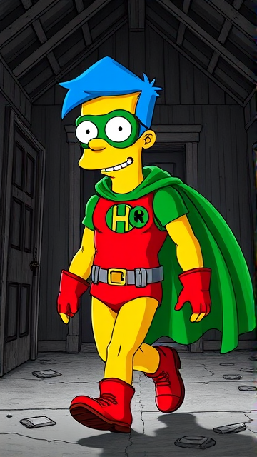 Milhouse Van Houten from The Simpsons, with his yellow skin, big round nose, and blue hair that's slicked back at the top, but as an 18-year old teenager, dressed as a parody of Robin, The Boy Wonder, with an extremely muscular torso and arms, a green bodysuit with a red torso adorned with a green H symbol on his chest, a grey utility belt, red boots, red long-cuffed gloves, a big green cape, and a green eye mask with optical lenses in it, now known as Houseboy, The Nerd Wonder, the other half of Springfield's Dynamic Duo, and one of the greatest vigilante superheroes ever known in Springfield. He is currently walking through an abandoned house at night, looking for clues to the mystery he is trying to solve.
