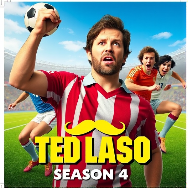 ted lasso season 4 movie poster featuring Jason Sudeikis in character with soccer themed background, vibrant colors, high-energy design elements, including the show's iconic mustache logo and cast members in dynamic poses