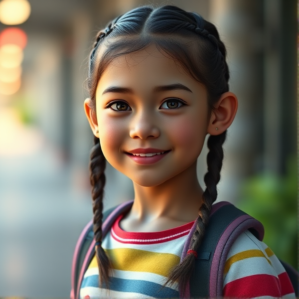 Une écolière de huit ans avec des tresses et un cartable