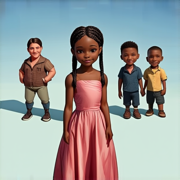 jolie petite fille noire de 8ans en robe avec des tresses africaines avec sa mere et ses freres
