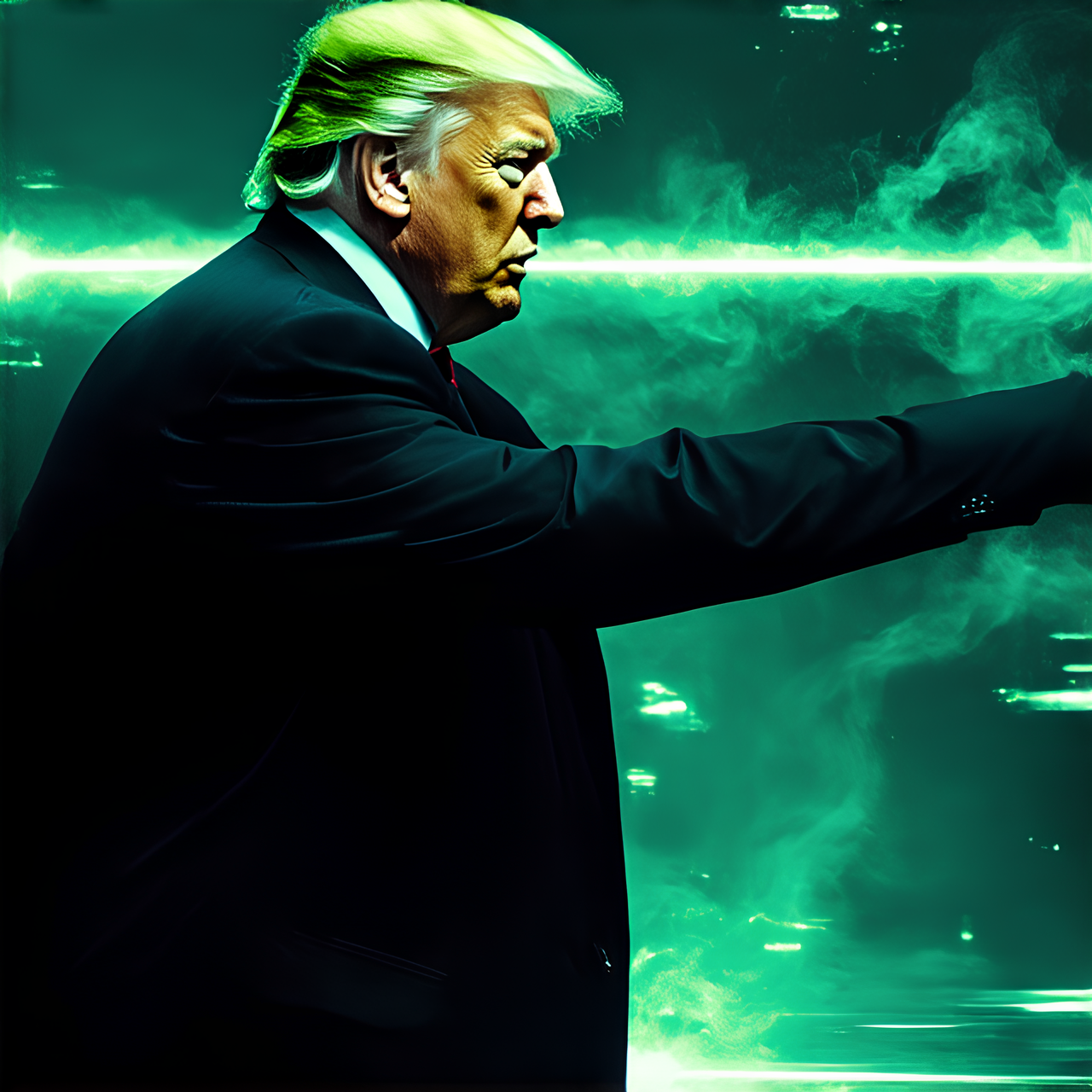 A highly detailed, hyperrealistic rendition of the iconic bullet-dodging scene from The Matrix, with Donald Trump's head seamlessly superimposed onto Neo's body. The setting is a dark and moody cityscape under a heavy green tint reminiscent of the film's color grading. Each bullet is followed by a wispy trail of light smoke to emphasize its trajectory, enhancing the dynamic sense of motion as Trump-Neo contorts in a back-bending pose to evade the projectiles. The atmosphere is tense and charged, capturing the essence of the moment just before bullets pass by.