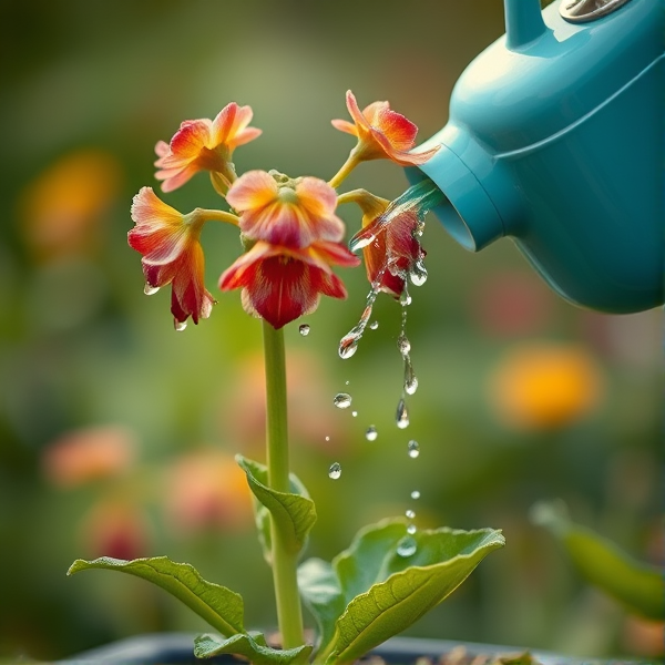 A plant with heads for flowers. The plant is being watered by a crying could