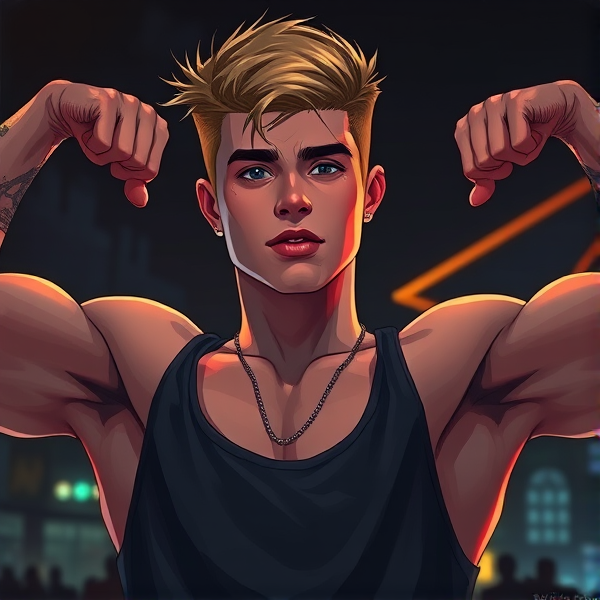 Justin Bieber flexing biceps