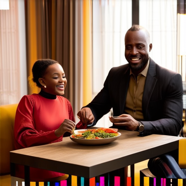 Modern African family wiht a dougther bys enjoying a meal together around a dining table, well-dressed in a mix of traditional and contemporary attire, smiling and interacting with each other, in a cozy home interior with cultural decorations