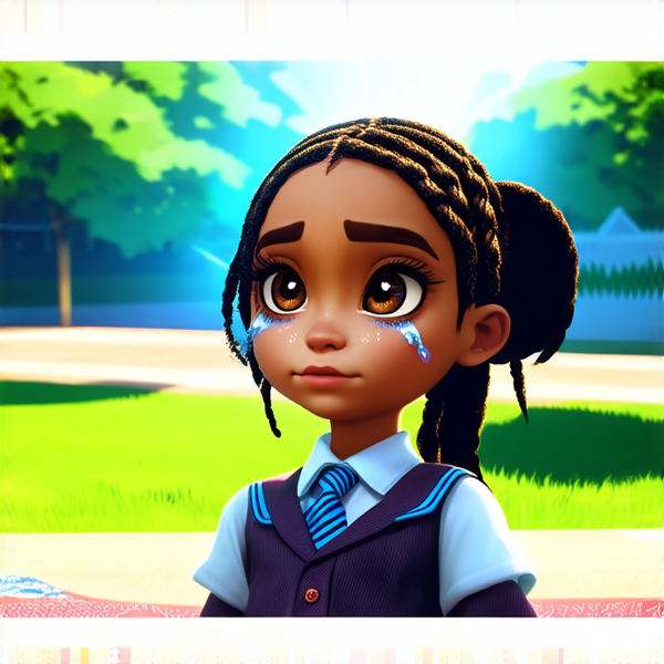 deux jeune fille de huit ans avec des tresses africaines noires, les yeux embués de larmes,  vêtue d'une uniforme scolaire qui se disputent dans une cour d'école