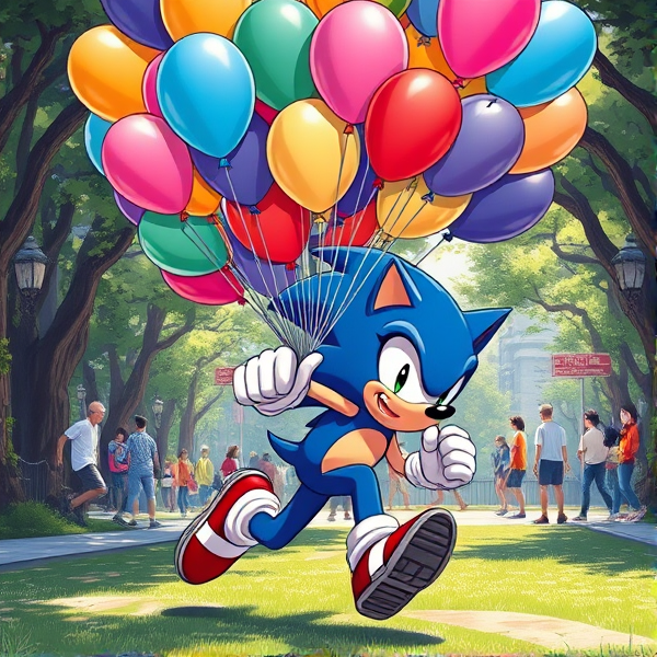 Sonic the Hedgehog captured mid-stride in a dynamic running pose, gripping a vivid collection of assorted balloons 450 each measuring 16 inches, amid a bustling park filled with activity and greenery, all illustrated in a richly saturated anime art style